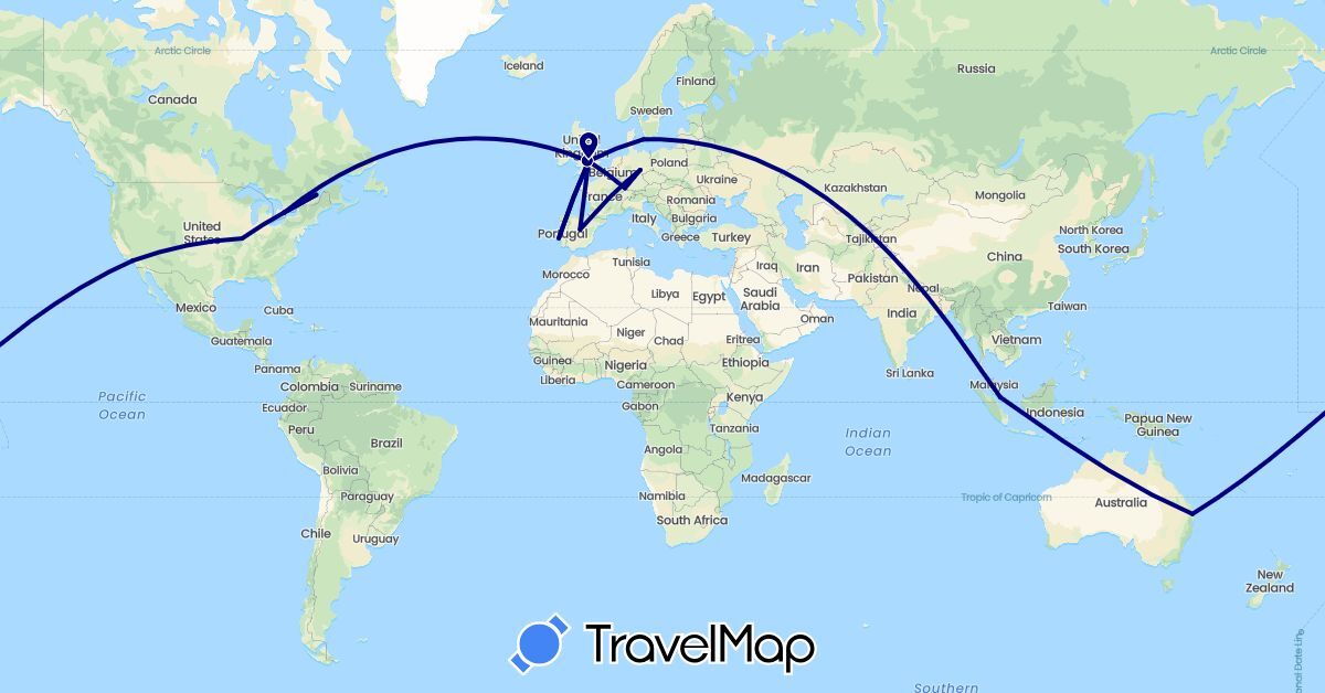TravelMap itinerary: driving in Australia, Canada, Germany, Denmark, Spain, United Kingdom, Portugal, Singapore, United States (Asia, Europe, North America, Oceania)